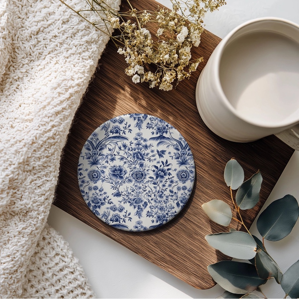 Chinoiserie Coasters, Blue & White Botanical Print Coasters Kitchen Set of 2